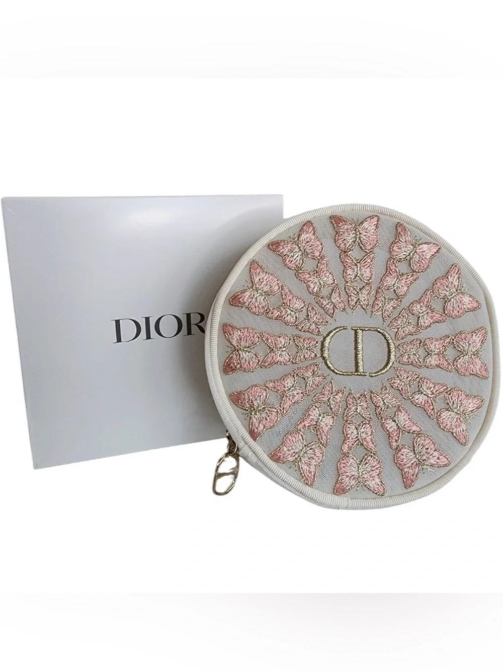 Dior Cream and Pink Embroidered Butterfly Round Pouch